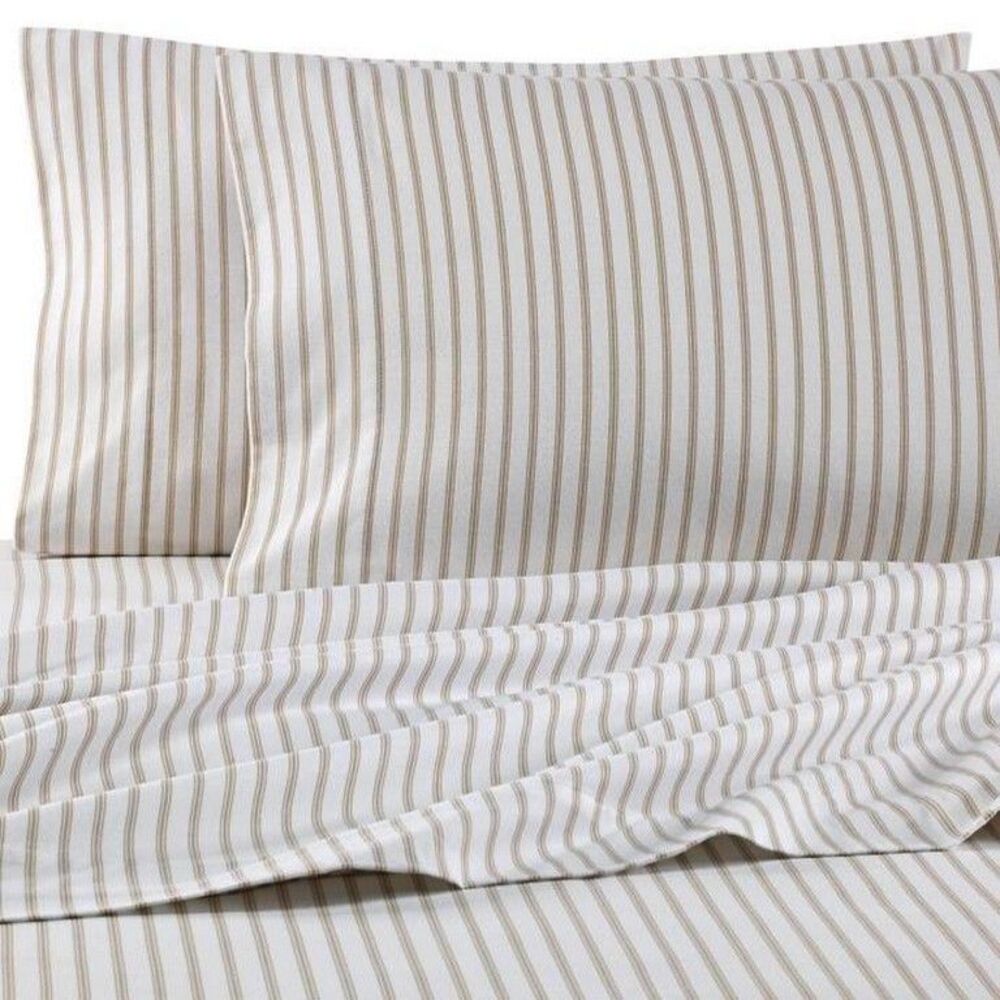 Seasons Luxury Flannel Sheet Sheets Set Twin Taupe Ticking Stripe Ivory Taupe